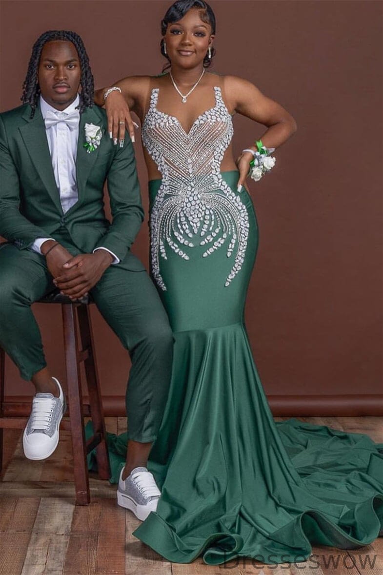 Dresseswow Dark Green Scoop Sleeveless Mermaid Evening Gowns With Crystals