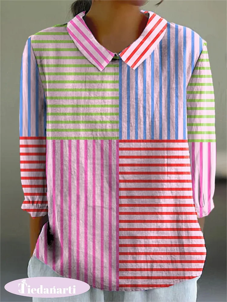 Multicolor Geometric Strip Pattern Printed Women's Casual Cotton And Linen 3/4 Sleeve Shirt
