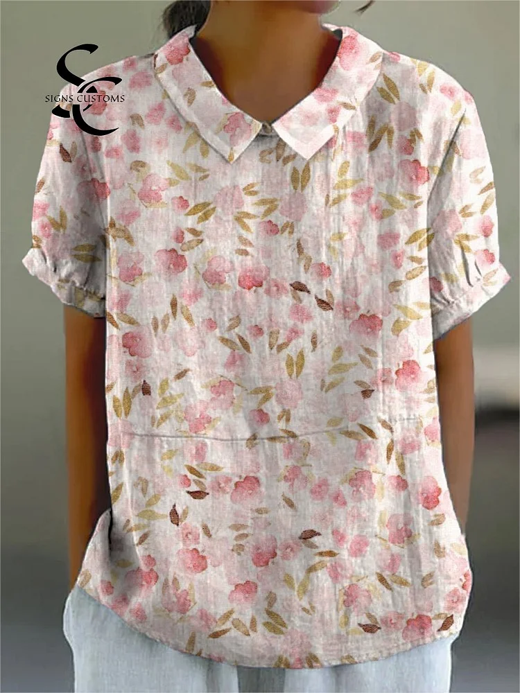 Vintage Art Flower Print Casual Cotton And Linen Shirt