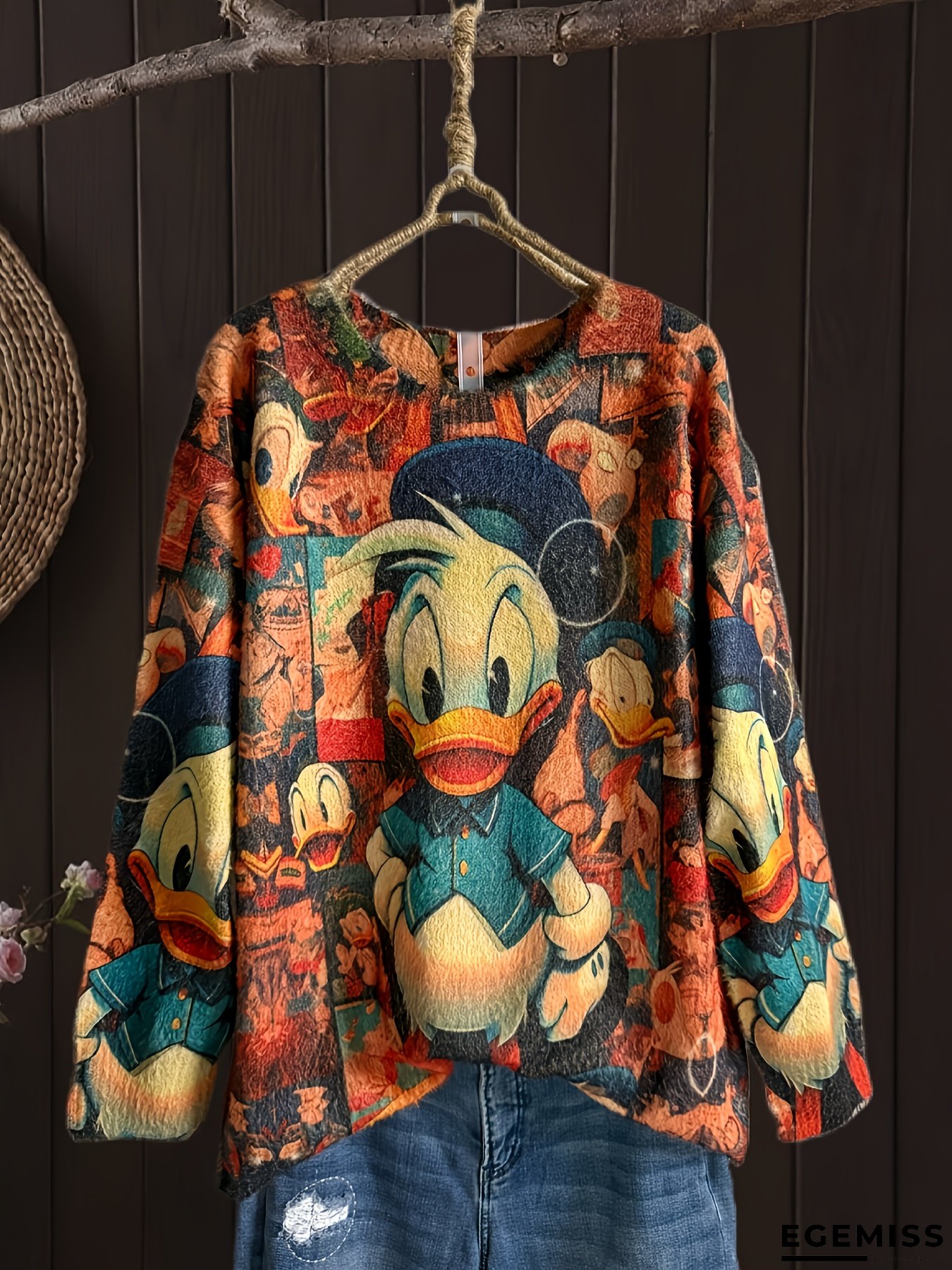Women's Autumn/Winter Fabric Shirt - Warm Faux Mink, Donald Duck Pattern, Bright Yellow Casual Pullover for Cold Weather, Fall Fashion | Machine Washable | EGEMISS