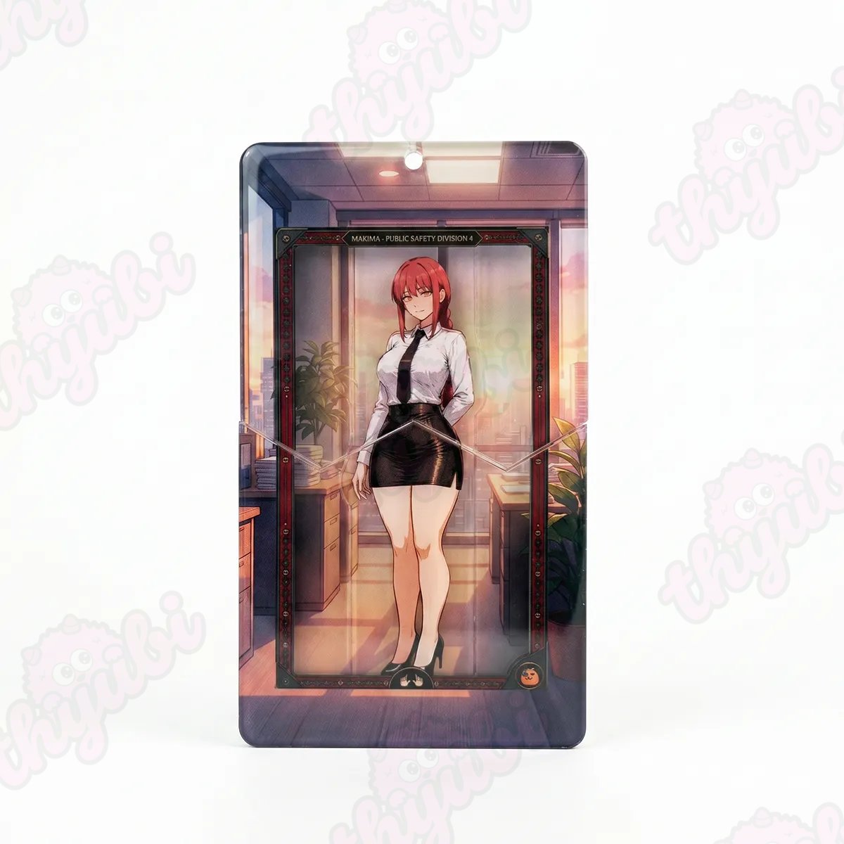 Sliding Pull-Tab Acrylic Keychain & Magnet &ndash; Red-Haired Anime Girl in White Office Shirt & Black Mini Skirt - thyubioffcial