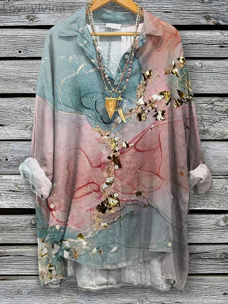 Women's Vintage Marble Print Casual Cotton And Linen Shirt