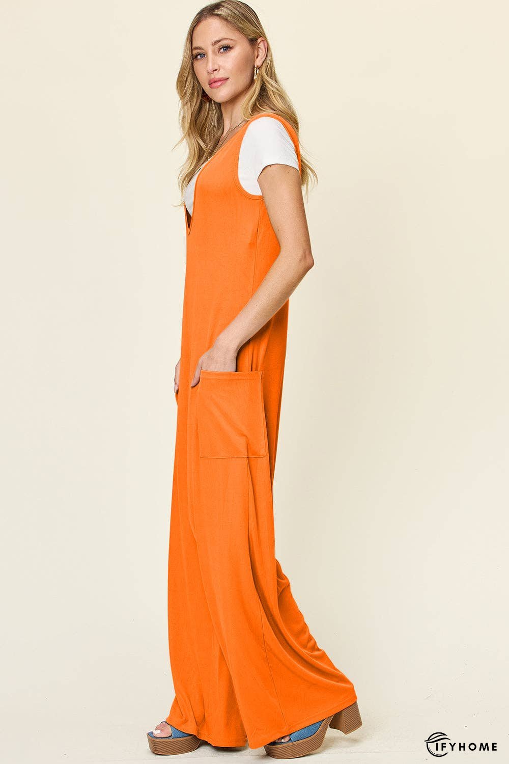 Double Take Full Size Sleeveless Wide Leg Jumpsuit with Pockets | IFYHOME