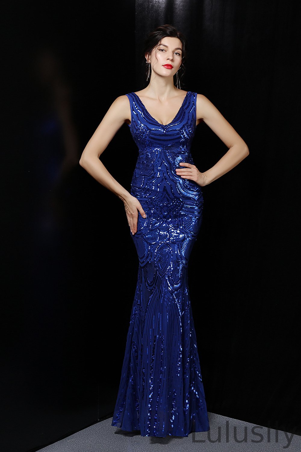 Luluslly Sleeveless Sequins Evening Dress Mermaid V-Neck Long Online YE0075