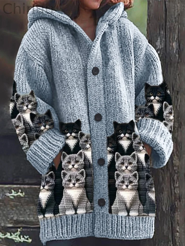 Crowded Cats Crochet Art Cozy Knit Hooded Cardigan