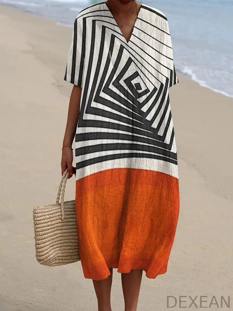 Simple Rounded Lines and Color Block Decorative Patterns Flowy Dress