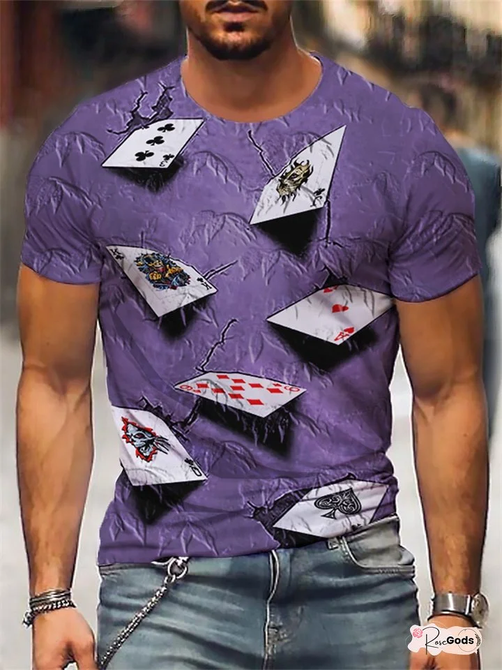 Summer Casual Round Neck Short Sleeve Spade Poker 3D Printed Men's T-Shirt Purple Gray Blue Brown Orange