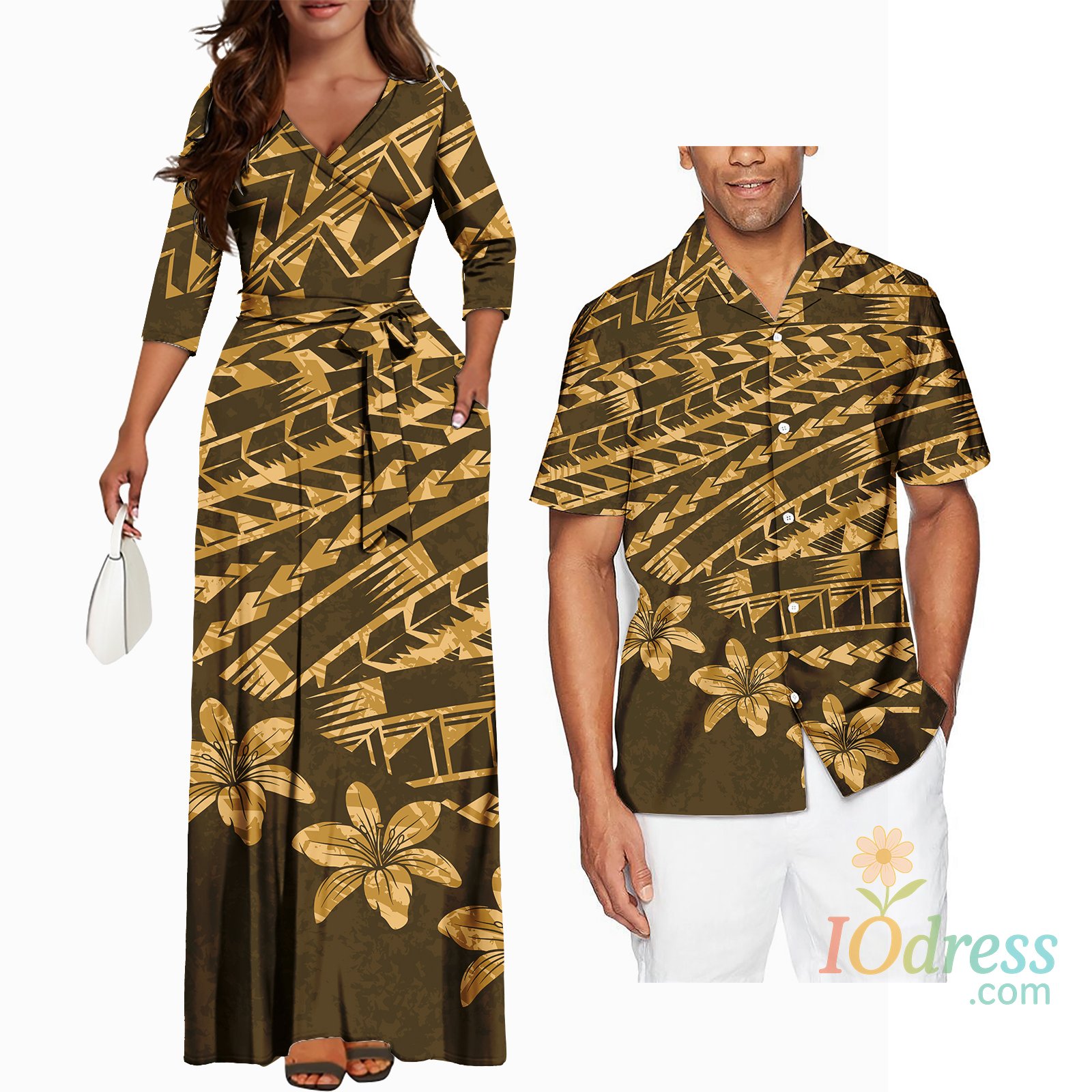 IO Dress Polynesian Tribal Plumeria Couple Matching Outfits Summer Couple Outfit Set Casual Women Dresses Matching Men Shirt