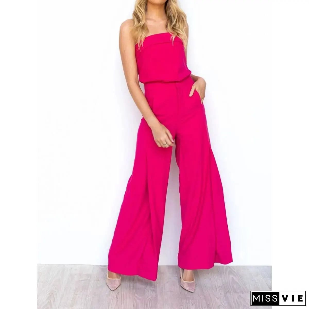 Casual solid color one-line shoulder top pantsuit