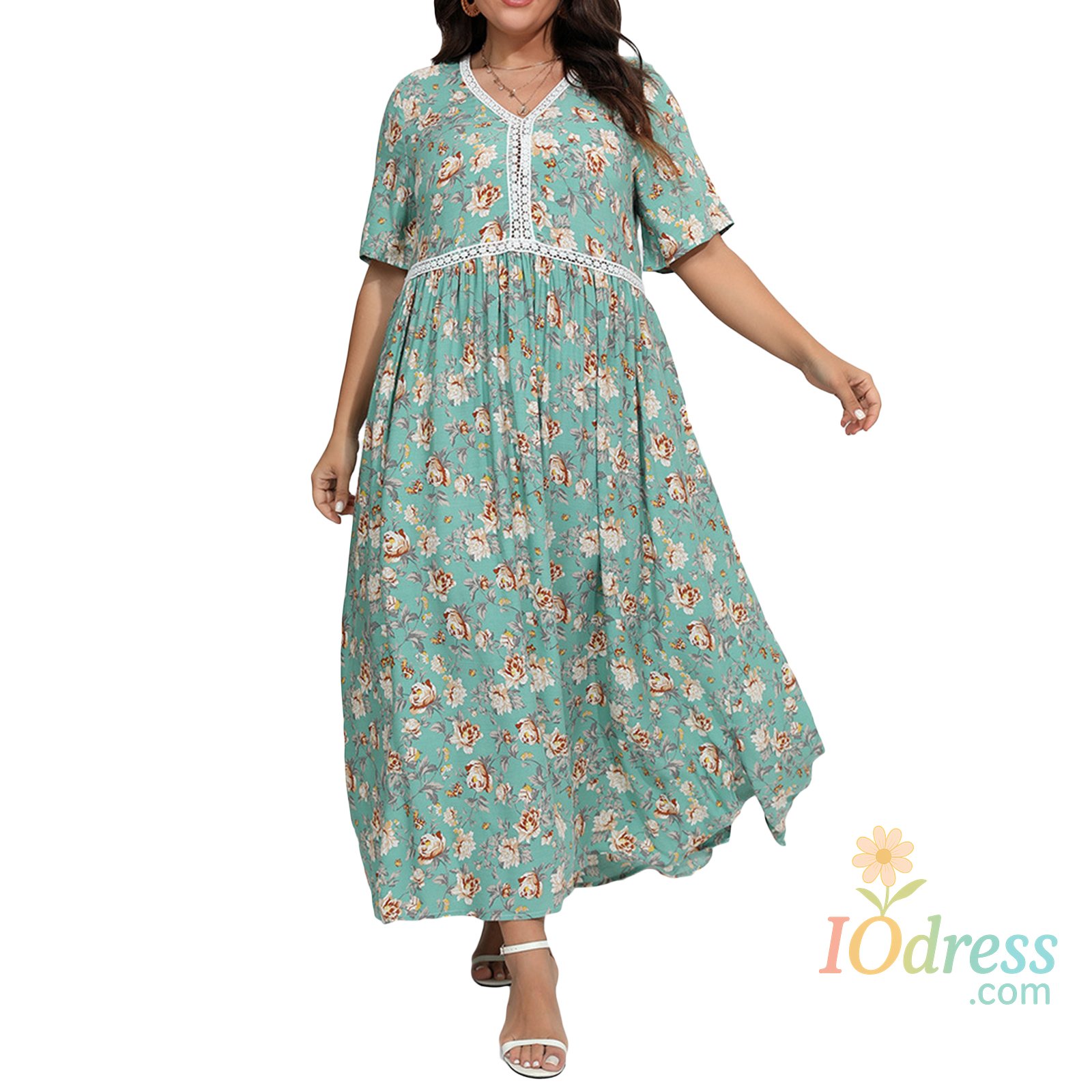IO Dress Women Plus Size Dress Boho Style Sleeveless Maxi Dress with Floral Print V-Neckline for Summer Beach Holiday Casual Wear IO Dress
