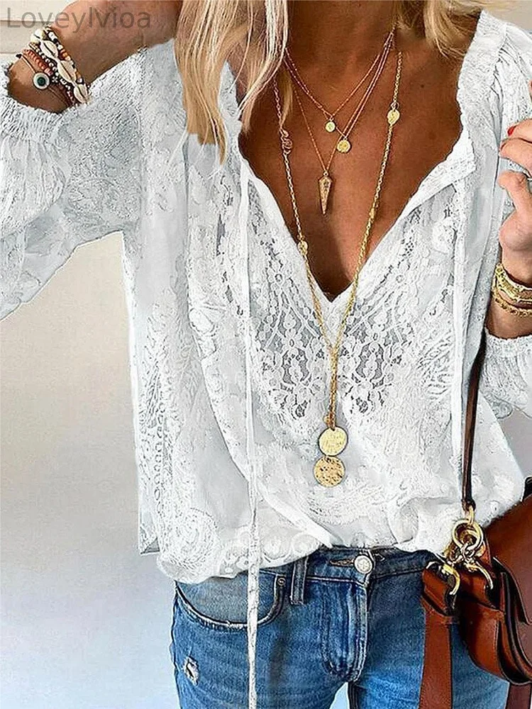 Women's Solid Color Loose Elegant V-neck Long-sleeved Lace Shirt
