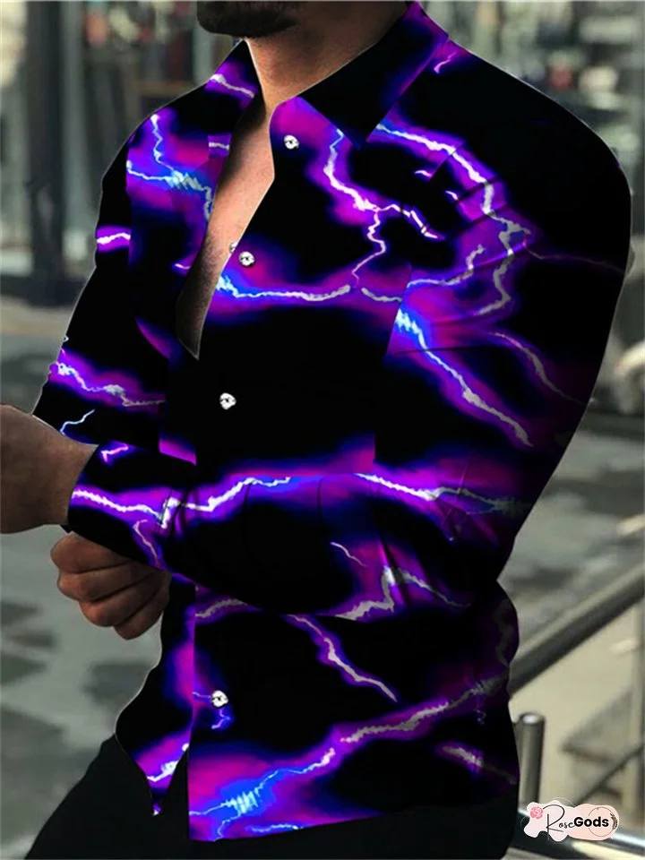 Men's Shirts Thunder 3D Digital Printing Purple Navy Black Red Lightning Long-sleeved Shirts Outdoor Street Men's Shirts