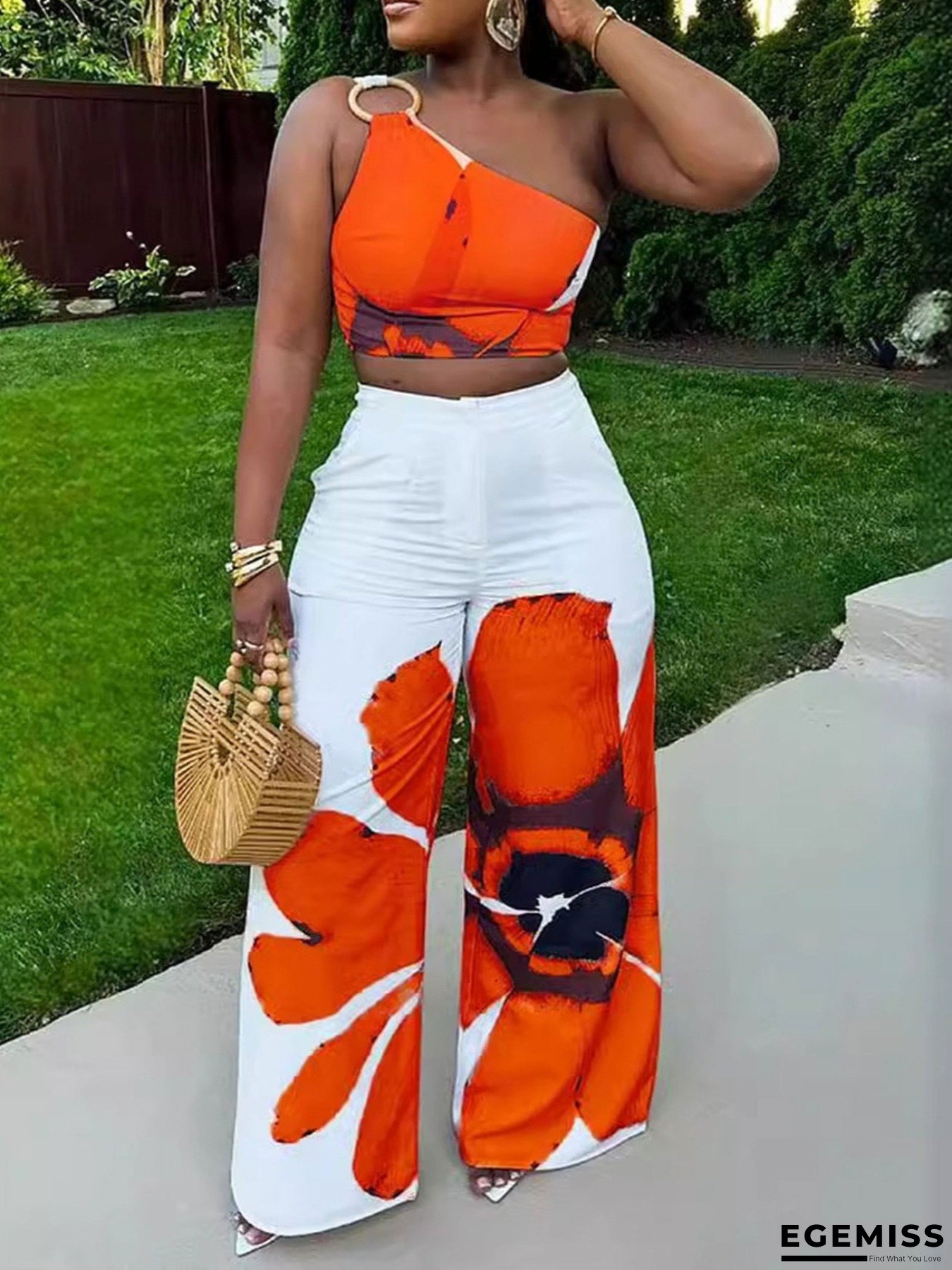 New Women's printed one shoulder two-piece set | Summer party vacation street style slim fit short top with wide leg pants | EGEMISS
