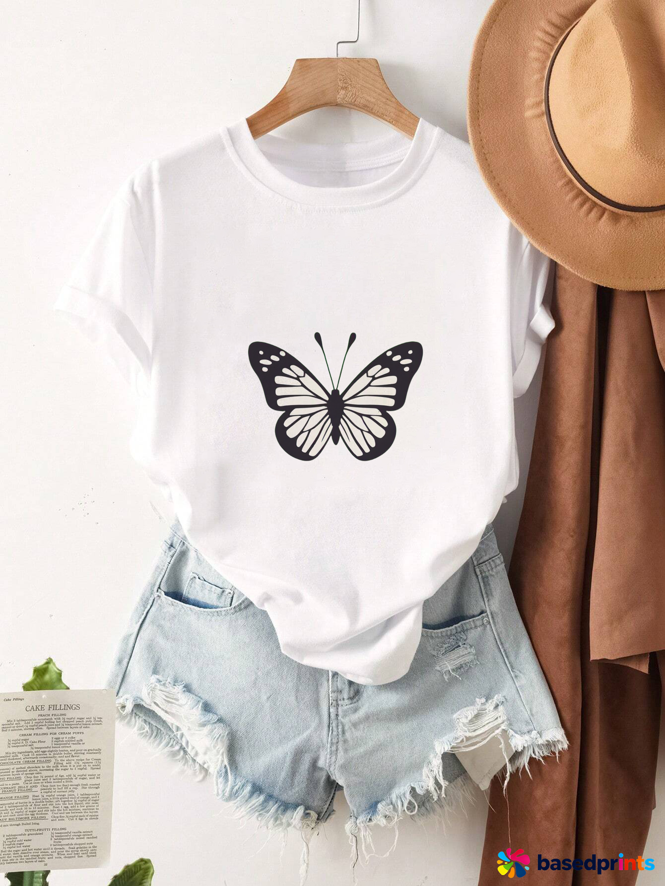 White Butterfly Print T-Shirt Women Casual Short Sleeve Tee Tops