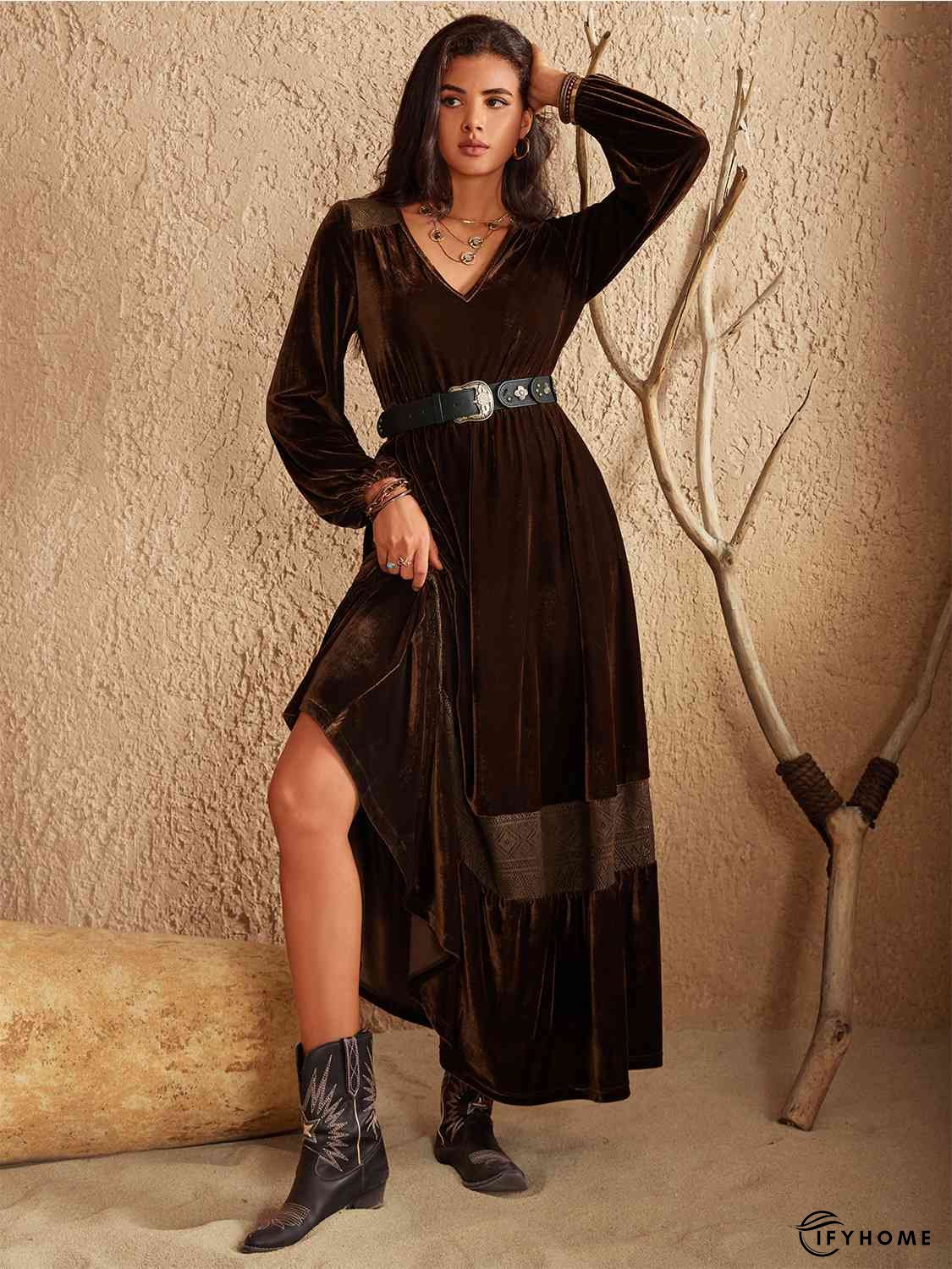 Ruffled V-Neck Long Sleeve Dress | IFYHOME