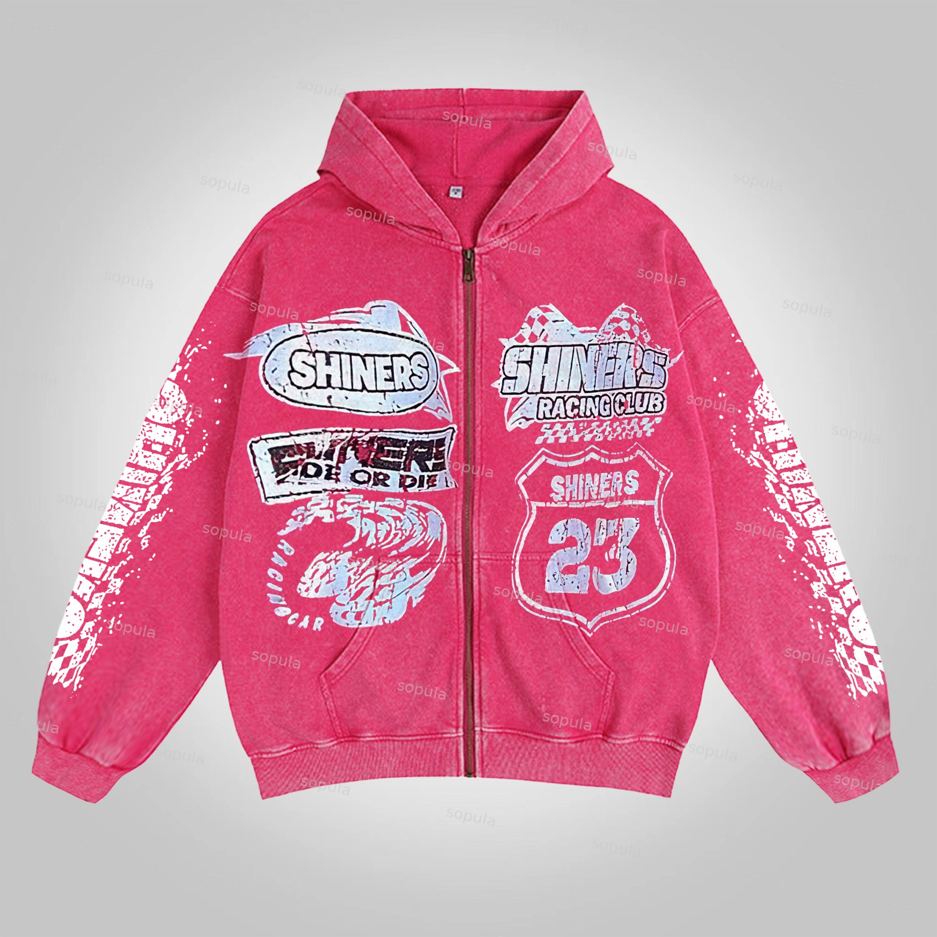 Sopula Vintage Heavyweight Motorcycle Graphic Acid Washed Oversized Zip-Up Hoodie