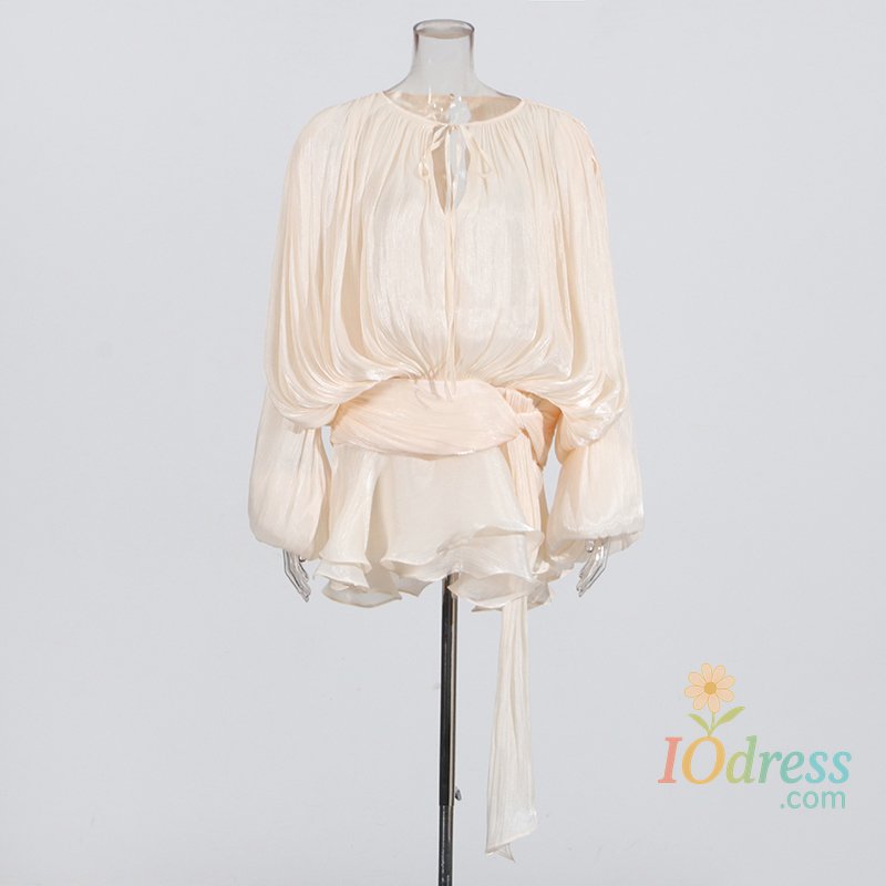 IO Dress TWOTWINSTYLE Solid Loose Short Dresses For Women Round Neck Long Sleeve High Waist Spliced Lace Up Chic Dress Female Fashion