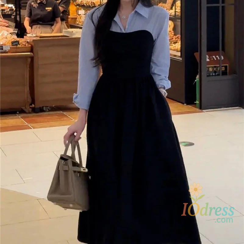 IO Dress New Arrival Women's Fashion Two-piece Illusionshirt Black Long Sleeve Dress High-end Feel Matching Set
