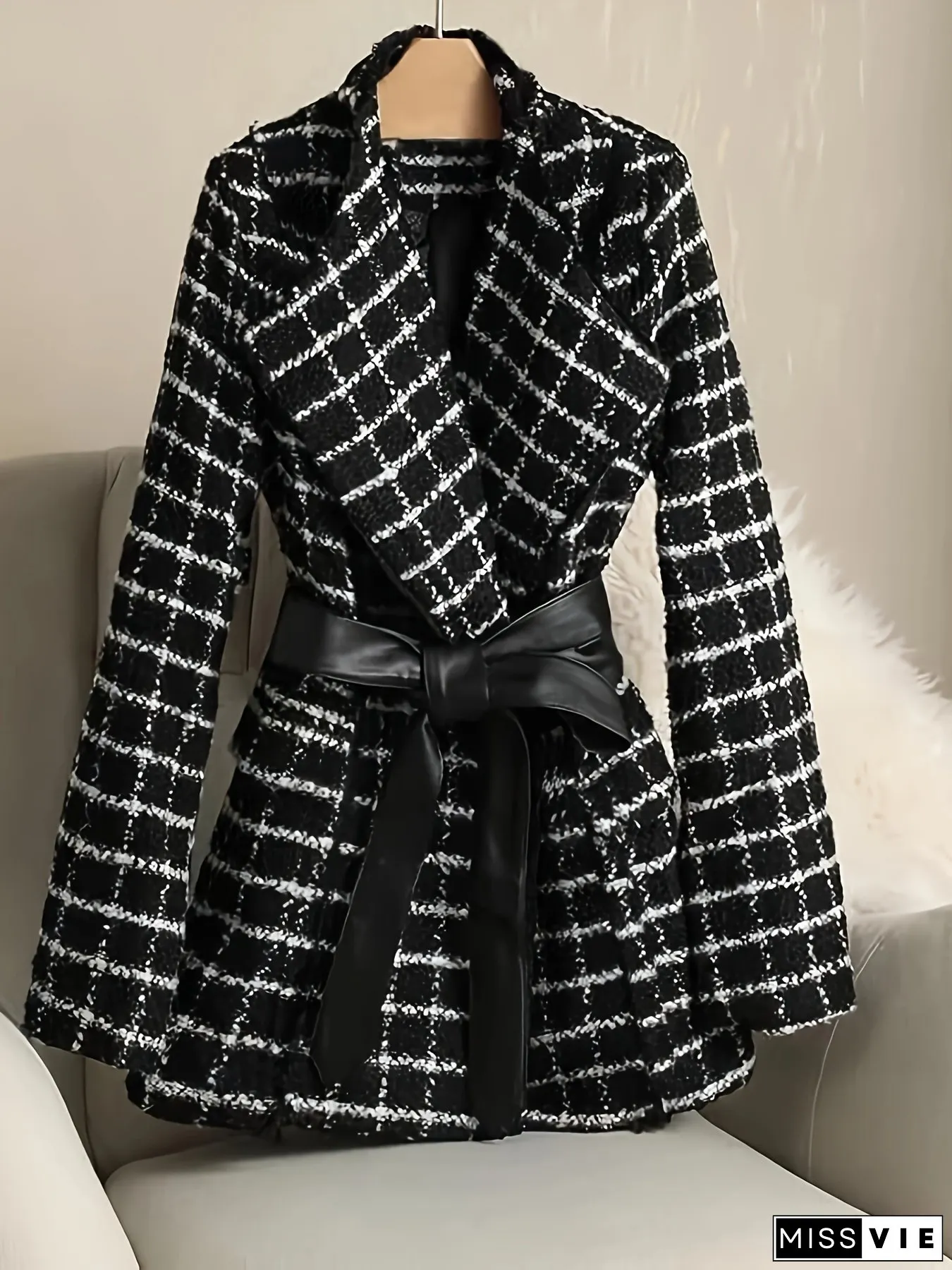Autumn Winter Womens Elegant Black White Checkered Blazer with Belt Mid-Long Sleeve