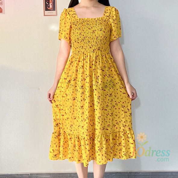 IO Dress Spring Summer Chiffon Dress Women Casual Dresses Female Elastic Waist Short Sleeve Printed Floral Midi A-Line Dresses Vestidos IO Dress
