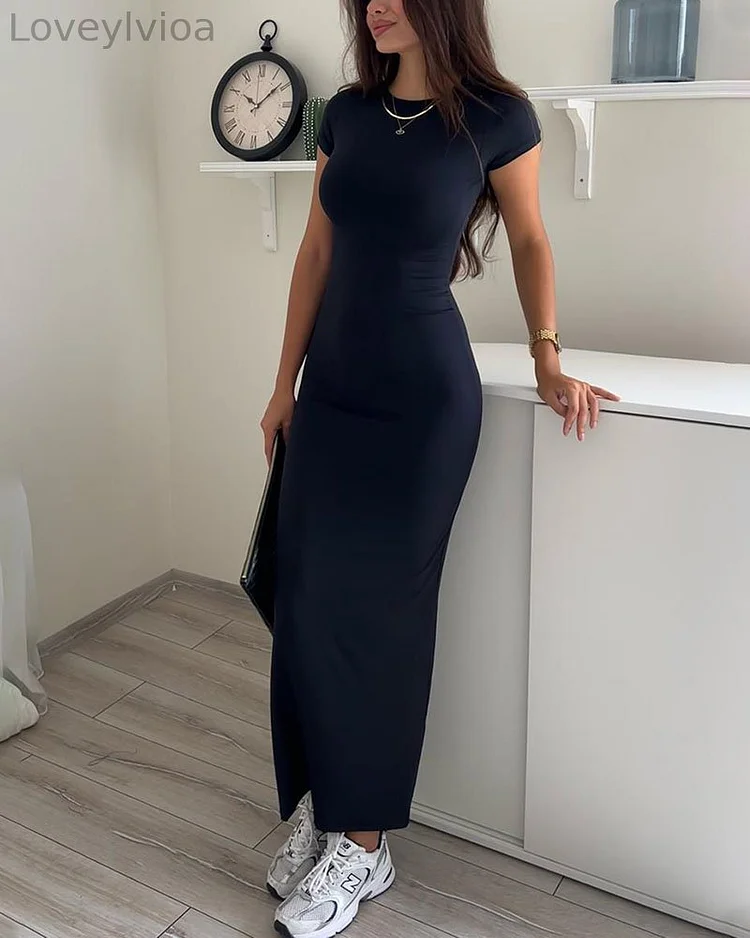 Solid color round neck short sleeve slim dress