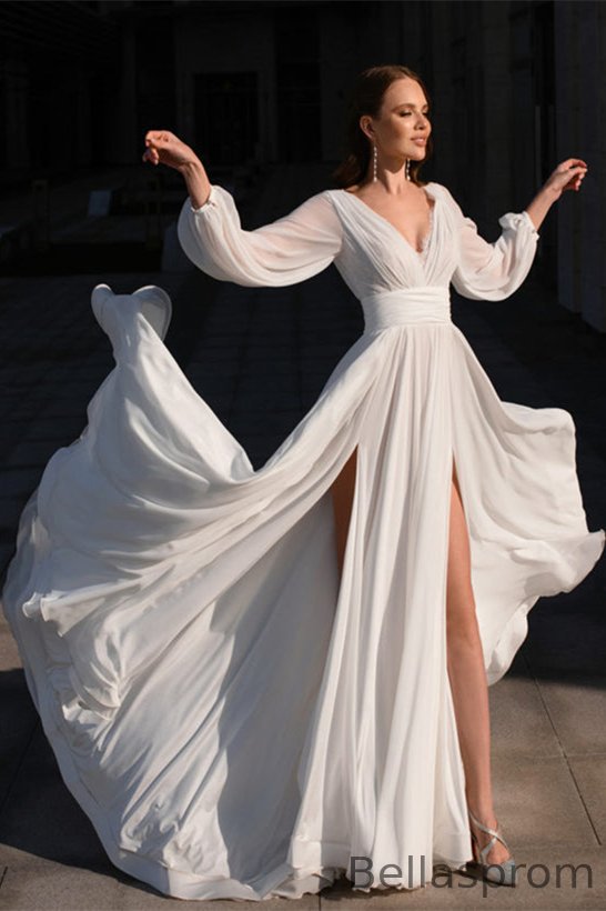 Bellasprom Boho Long Sleeves V-Neck Beach Wedding Dress Open Back A-Line Bellasprom