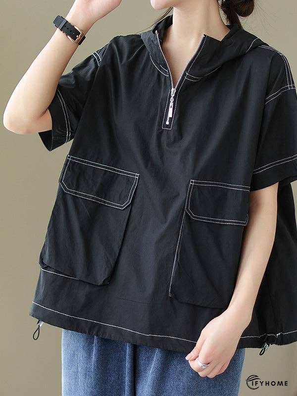Loose Short Sleeves Zipper Hooded T-Shirts Tops | IFYHOME