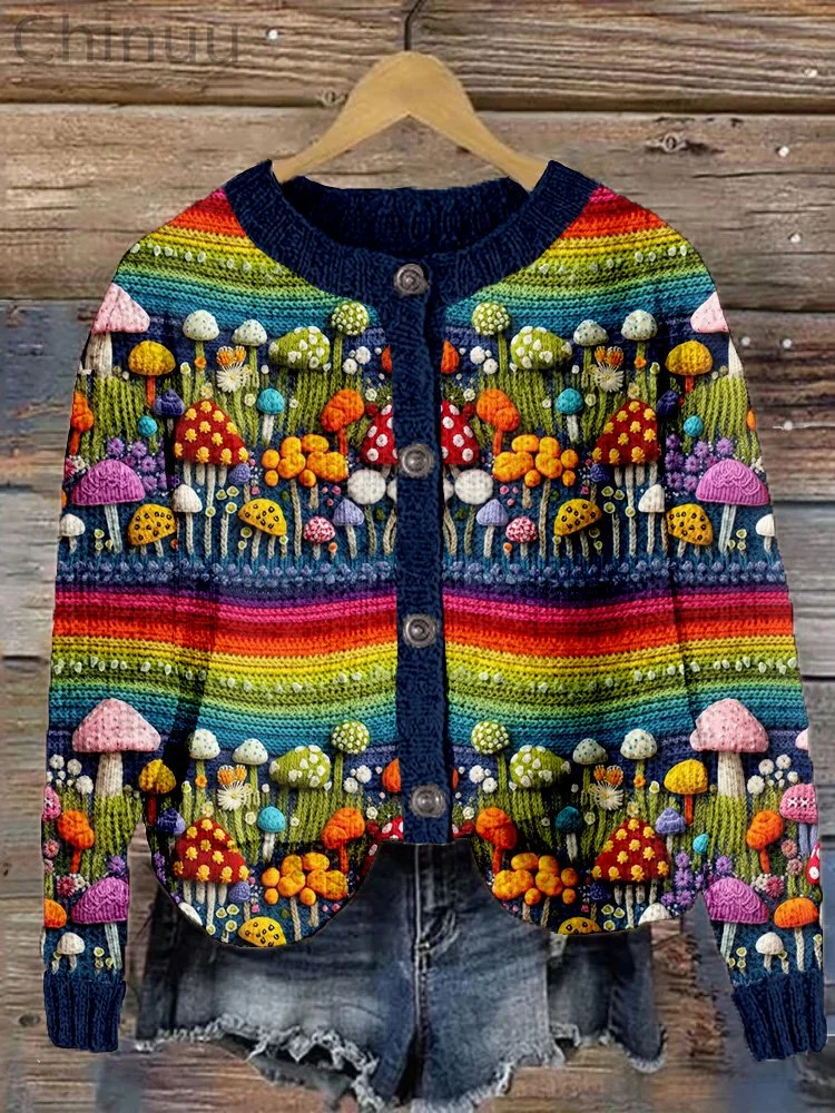 Rainbow Mushroom Embroidery Art Cozy Knit Cardigan