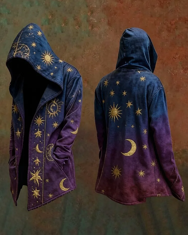 Men's Summer Fashion Hippie Style Star and Moon Print Linen Hooded Cape 3592