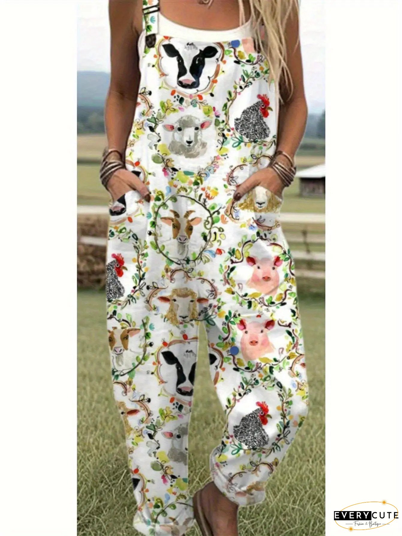 Women's 3D All-Over Animal Print Jumpsuit - Denim-Style Wide-Leg Strap Shorts with Cow, Horse, Sheep & Chicken Patterns, Pockets - Lightweight Breathable Farm-Themed Costume for Casual, Western Parties, Picnic & Ranch Outfits (Machine Wash