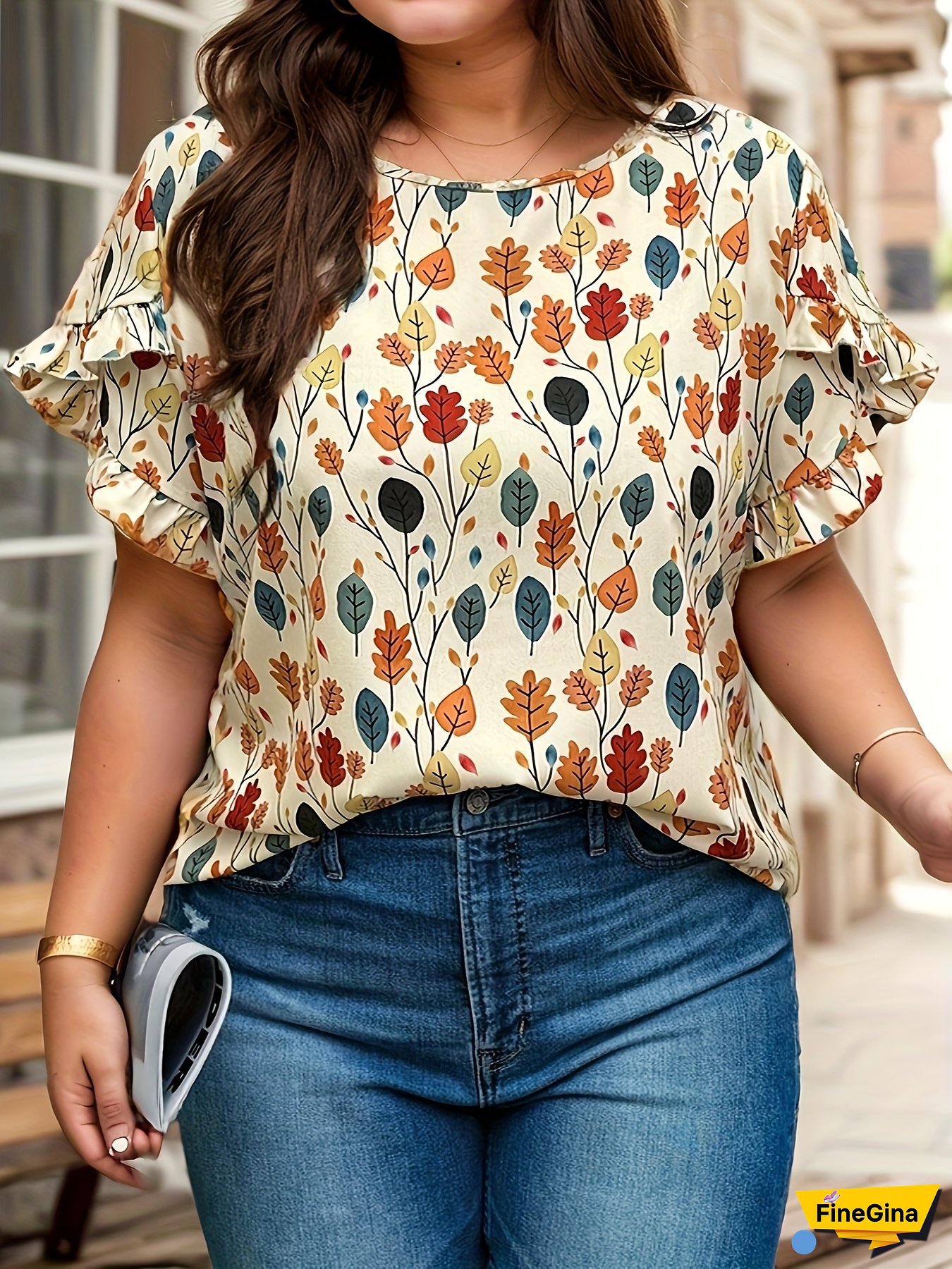 [Vibrant Blouse] Vibrant Plus Size Floral Print Blouse For Women | Casual Crew Neck, Short Sleeve Top With Ruffled Detail, Lightweight Polyester, Versatile All-Season Wear
