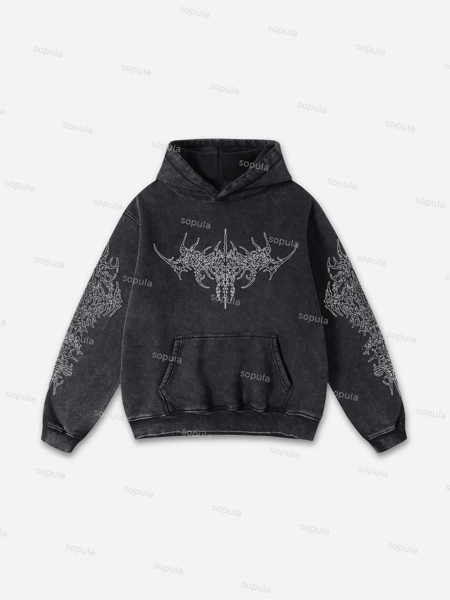 Sopula Vintage Siyah Punk Gothic Graphic Acid Washed Oversized Hoodie