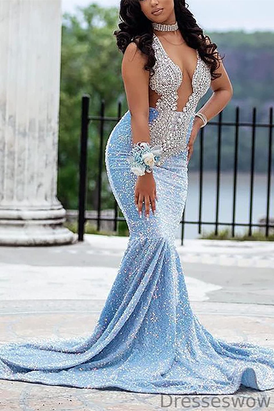 Dresseswow Light Blue Sequins Prom Dress mermaid Sleeveless With Crystal