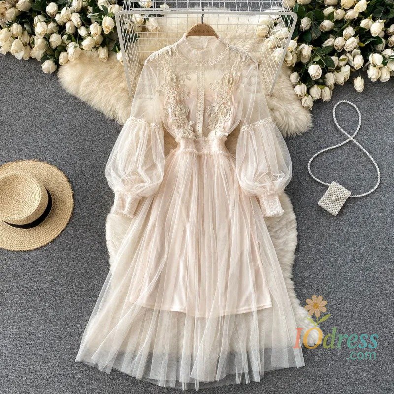 IO Dress Lace Flower Mesh Dress for Women Lantern Sleeve White Long Dresses for Party Vintage Elegant Dress 2 Piece Sets New 12041