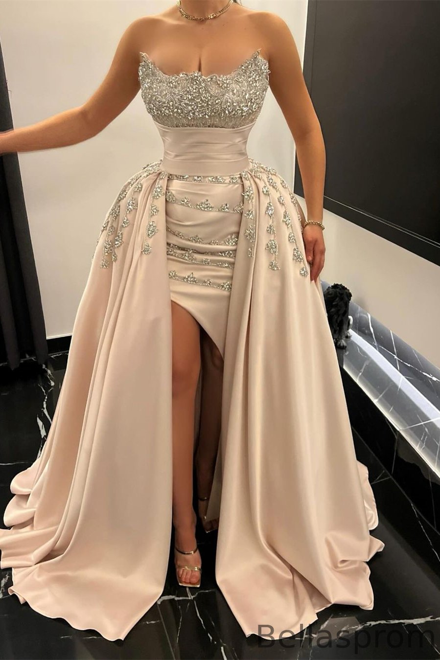 Bellasprom Sweetheart Sleeveless Mermaid Prom Dress Overskirt With Split Beadings Crystals Bellasprom