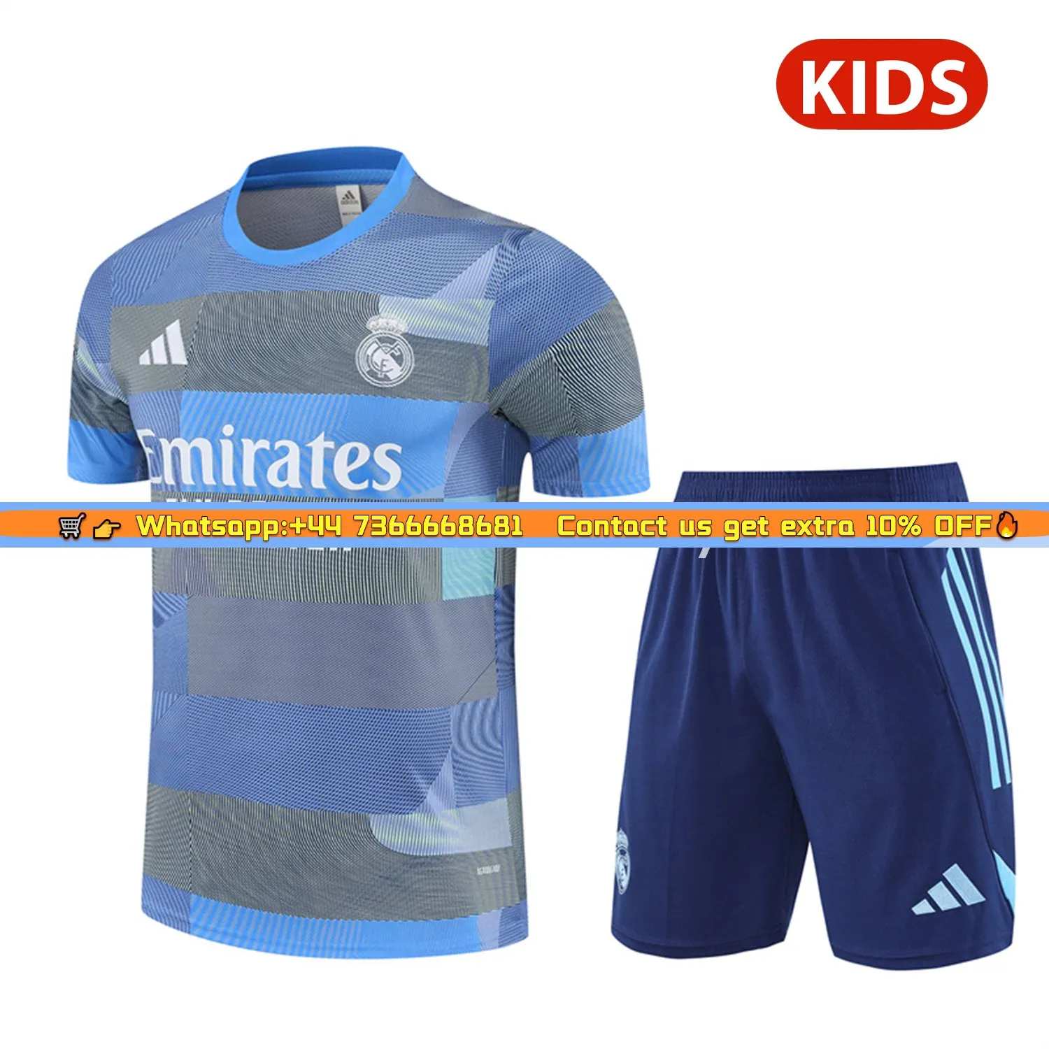Real Madrid 25-26 Pre-Match Kids Short-Sleeve Training Set - Blue-Gray Camouflage Top and Blue Shorts