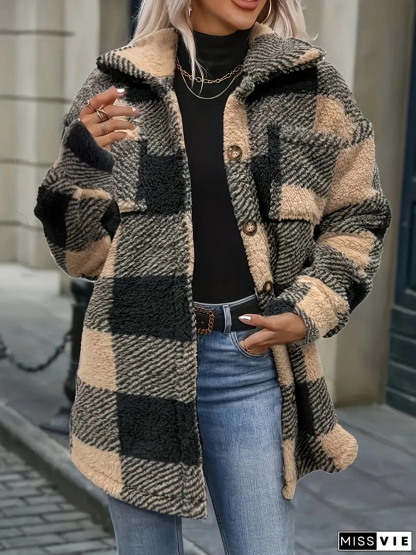 Front Flap Collar Womens Plaid Teddy Bear Faux Fur Coat Mid-Length Winter Jacket