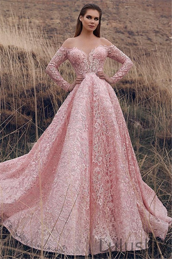 Charming Pink Long Sleeves Lace Prom Dressess Off-the-Shoulder - lulusllly