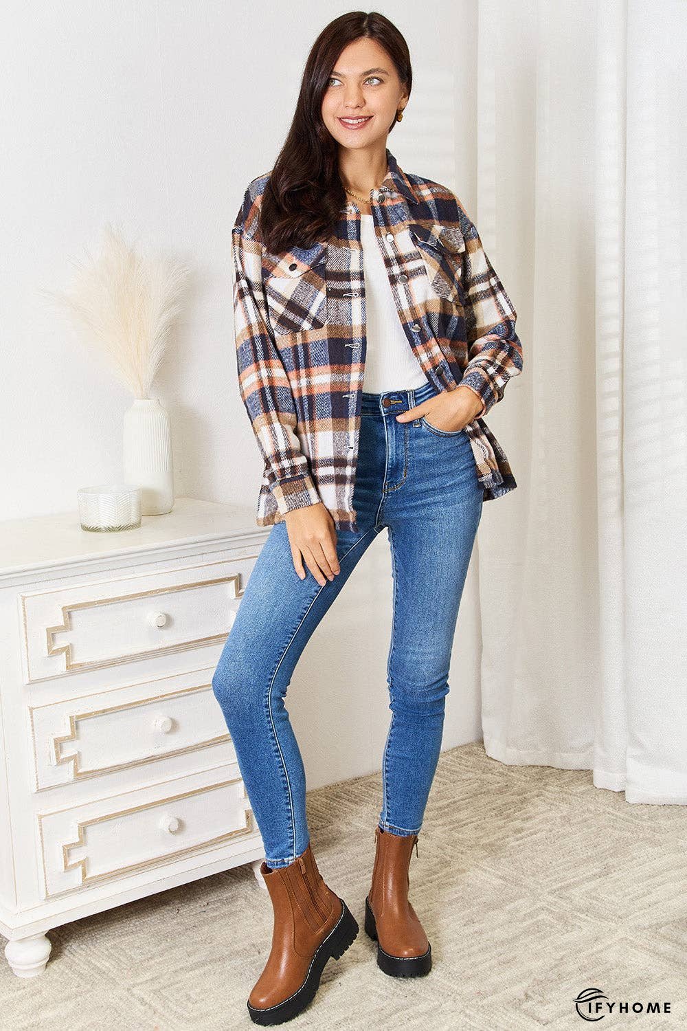 Double Take Plaid Button Front Shirt Jacket with Breast Pockets | IFYHOME