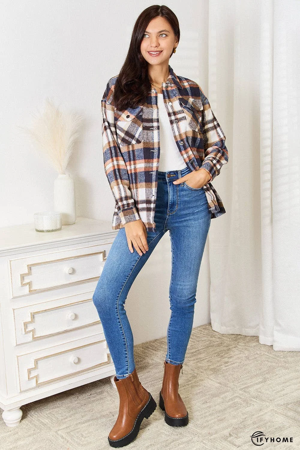 Double Take Plaid Button Front Shirt Jacket with Breast Pockets | IFYHOME