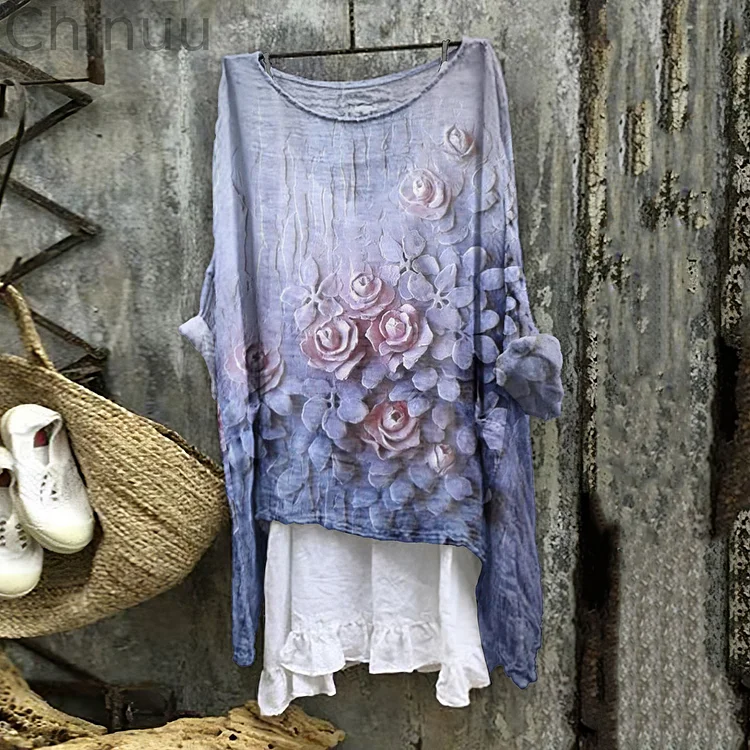 Women's Cotton And Linen Floral Art Round Neck Shirt