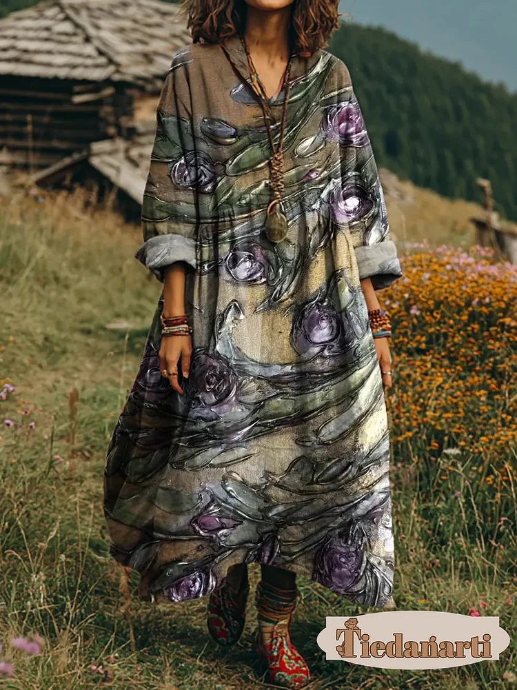 Women's Abstract Floral Print Artistic V-neck Long-sleeve Cotton Pocket Dress