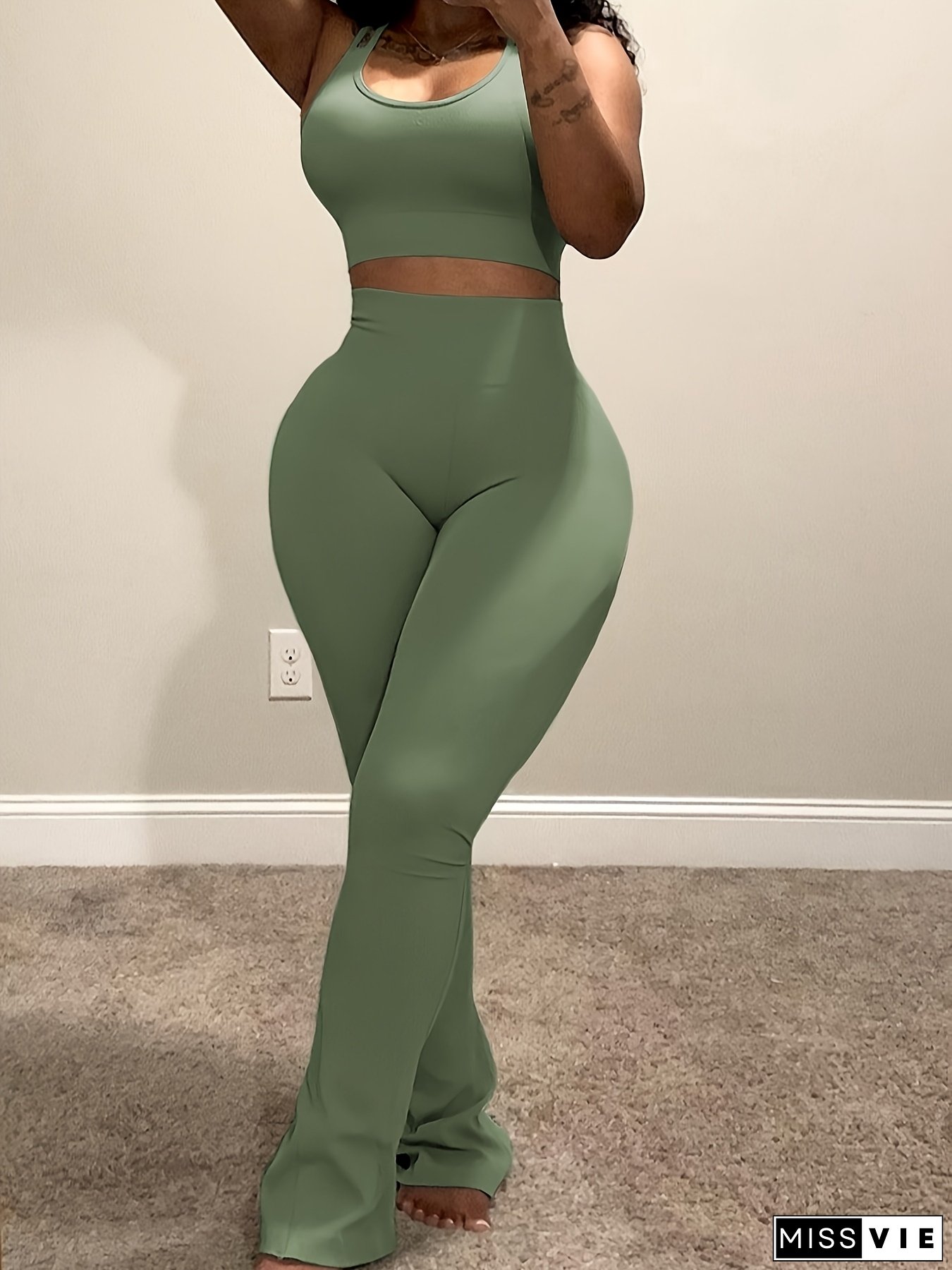 Women's Casual Two Piece Outfits - Short Tank Top & High Waist Flare Pants Sets