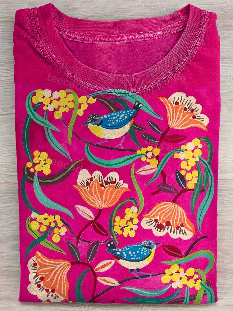 Teecade Teecade Fancy Flowers And Bird  Art Print T-shirt