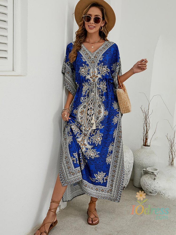IO Dress Bohemian V-neck Short Sleeve Beach Smock Dress Women 2023 Summer Loose Casual Sunscreen Print Boho Long Dresses For Women IO Dress