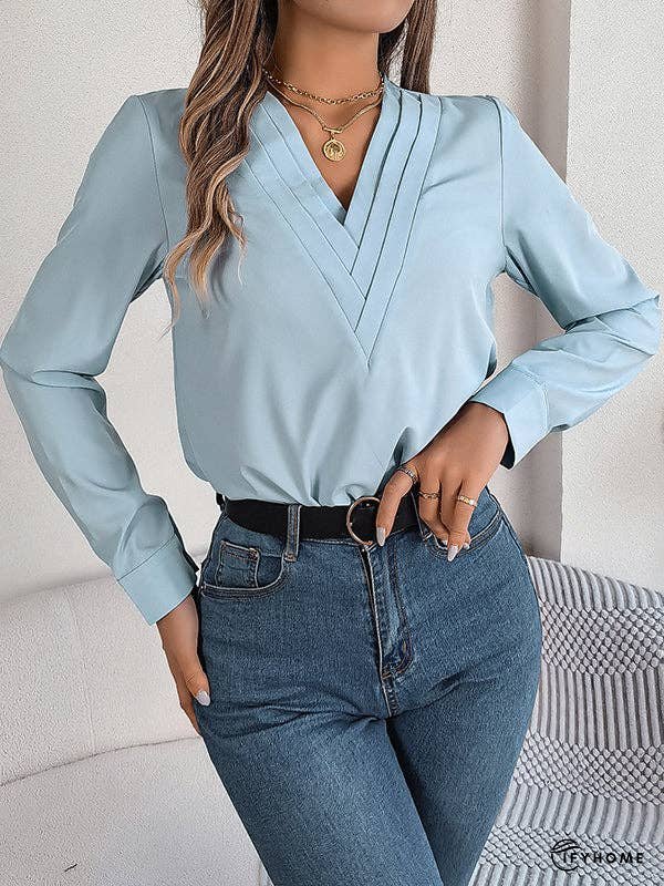Long Sleeves Loose Pleated Solid Color Split-Joint V-Neck T-Shirts Tops | IFYHOME