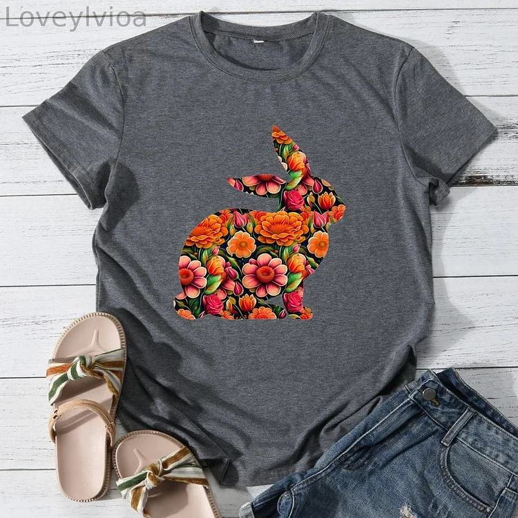 Flowers and rabbit Round Neck T-shirt-0025909