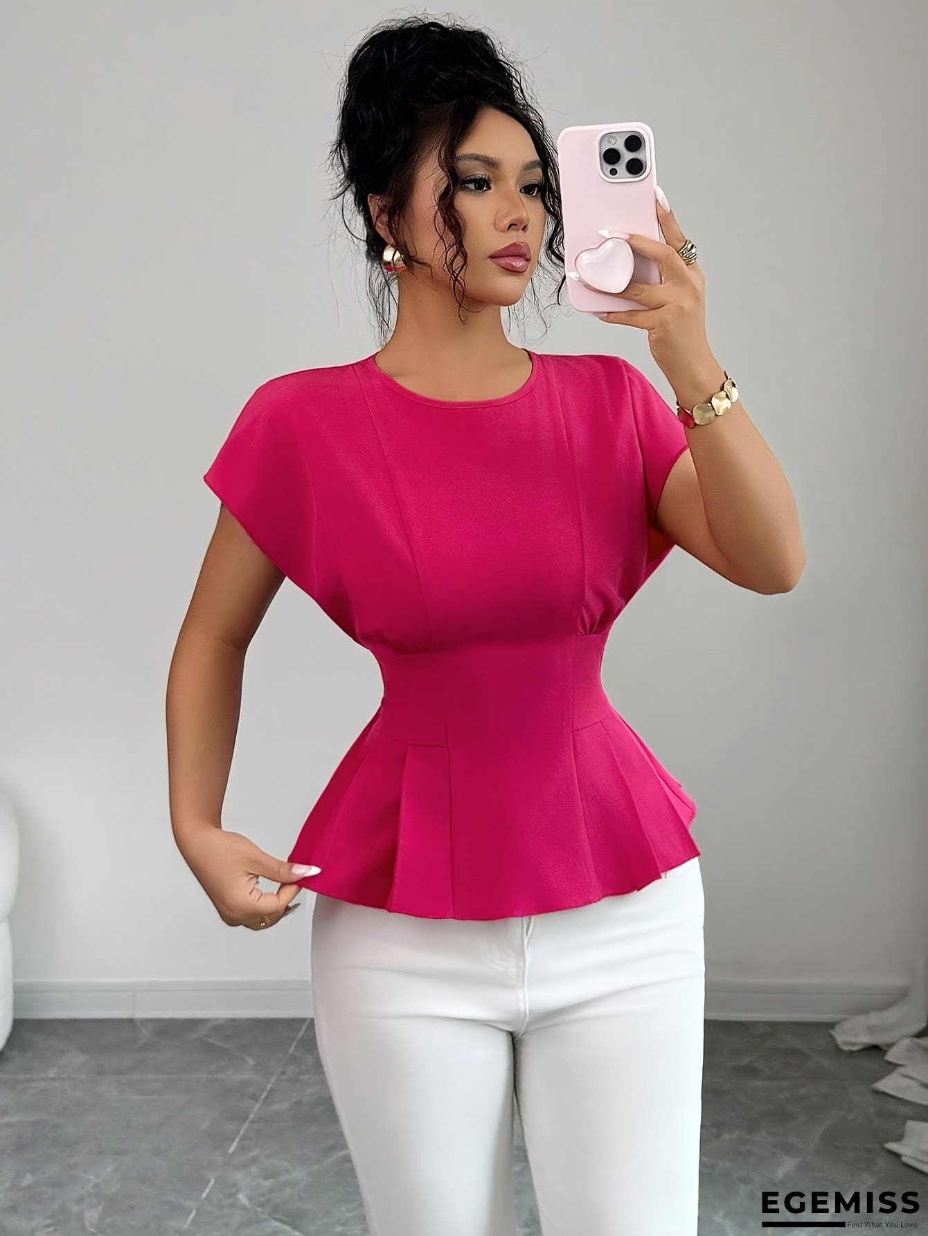Women's Sleeveless Ruched Waist Blouse - Vibrant Pink Round Neck Machine-Washable Shirt, Middle Eastern-Inspired Elegant Casual Top for Spring Summer Fall, Latin-Inspired Collection | EGEMISS