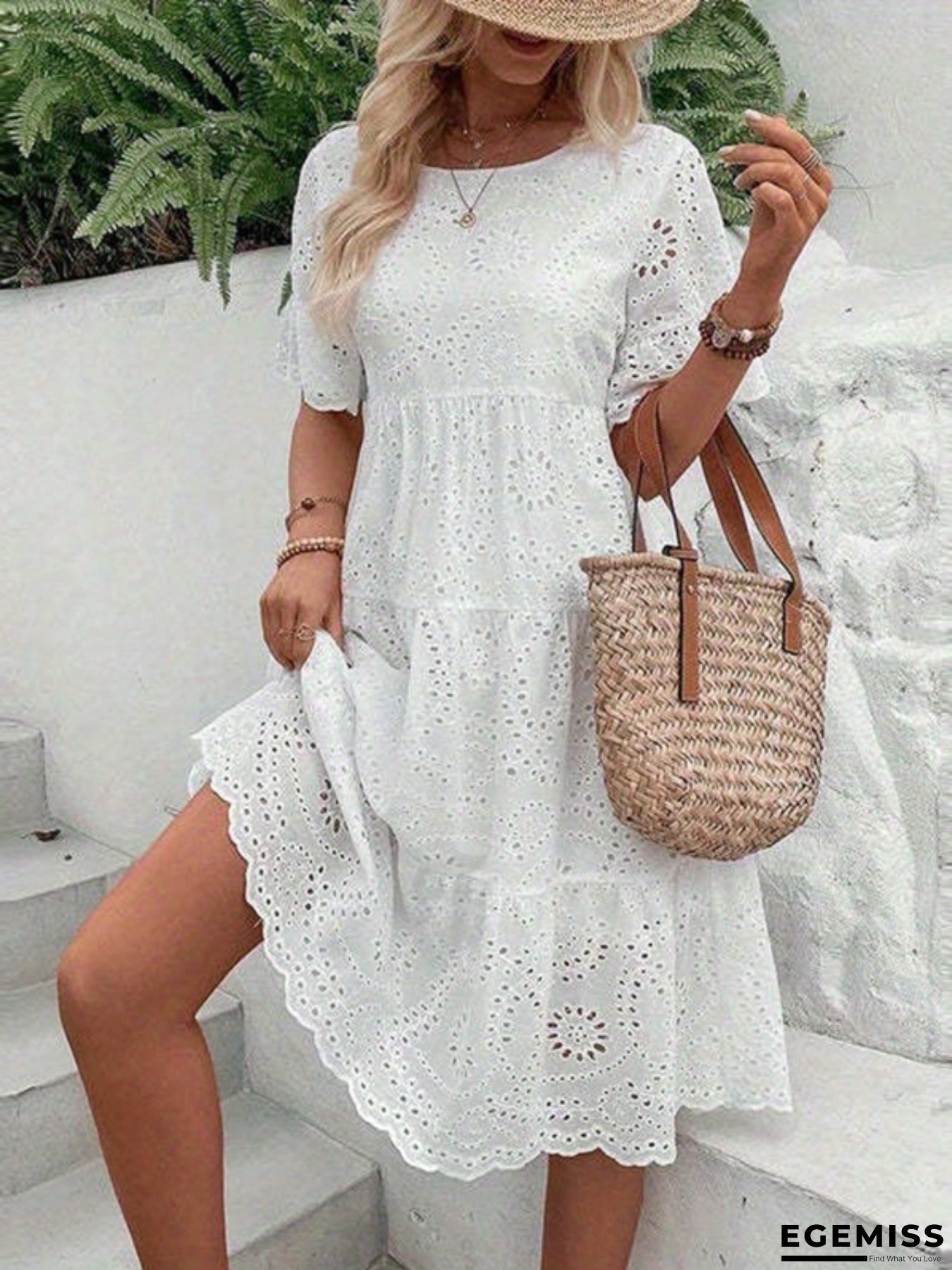 Women's Light Blue Floral Lace Midi Dress - Casual Summer Swing Dress With Short Sleeves, Round Neck, And Ruffled Hem, Perfect For Casual Attire, Casual Summer Wear | Floral Lace Dress | Lace Detailing, Lace Dress | EGEMISS