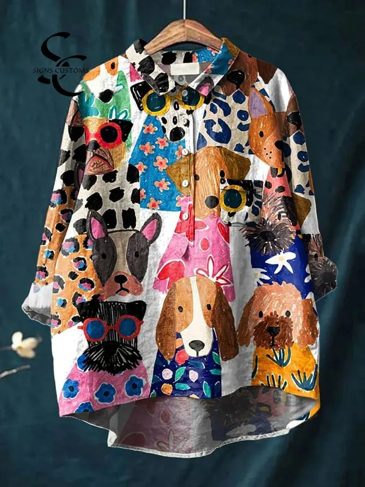 Women's Dog  Art Print Casual Cotton And Linen Shirt